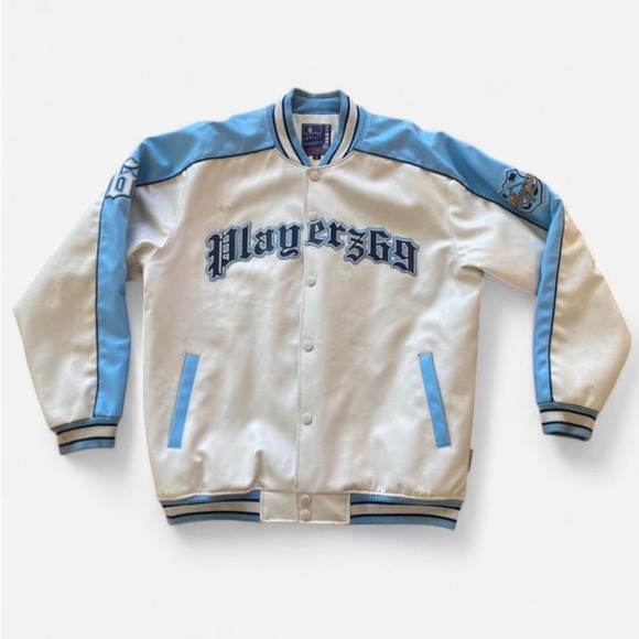Vintage 90s Y2k Playerz69 Blue & White Varsity Jacket
